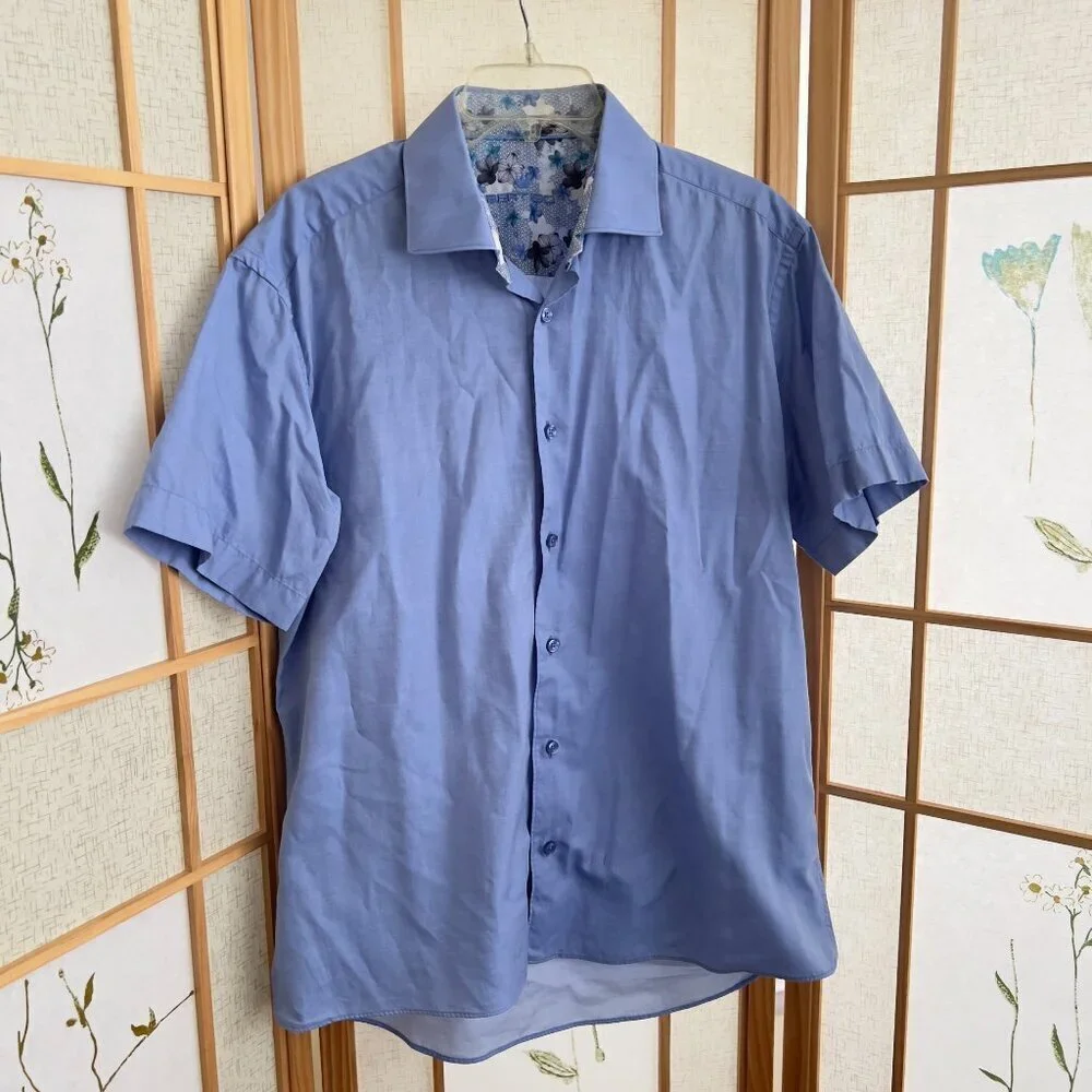Bertigo Light Blue 100% Cotton Short Sleeve button shirt Men sz L